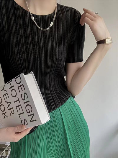 Woman Clothing  Top Women Miyake Pleated Short-sleeved T-shirt