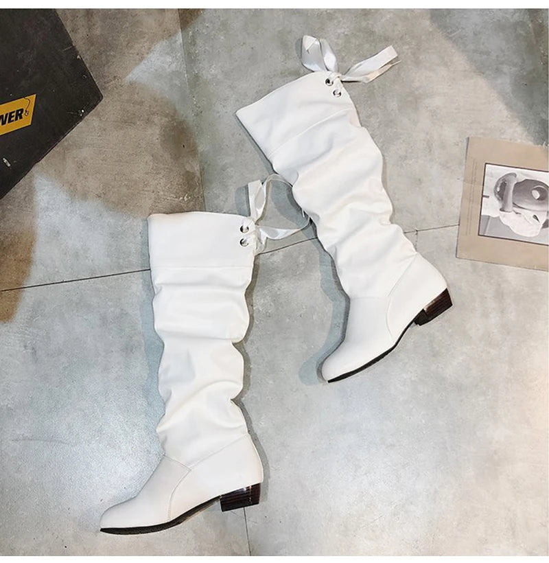 Knee High Boots Red Black White Tall Boots Woman Pleated Low Heel Casual Leather