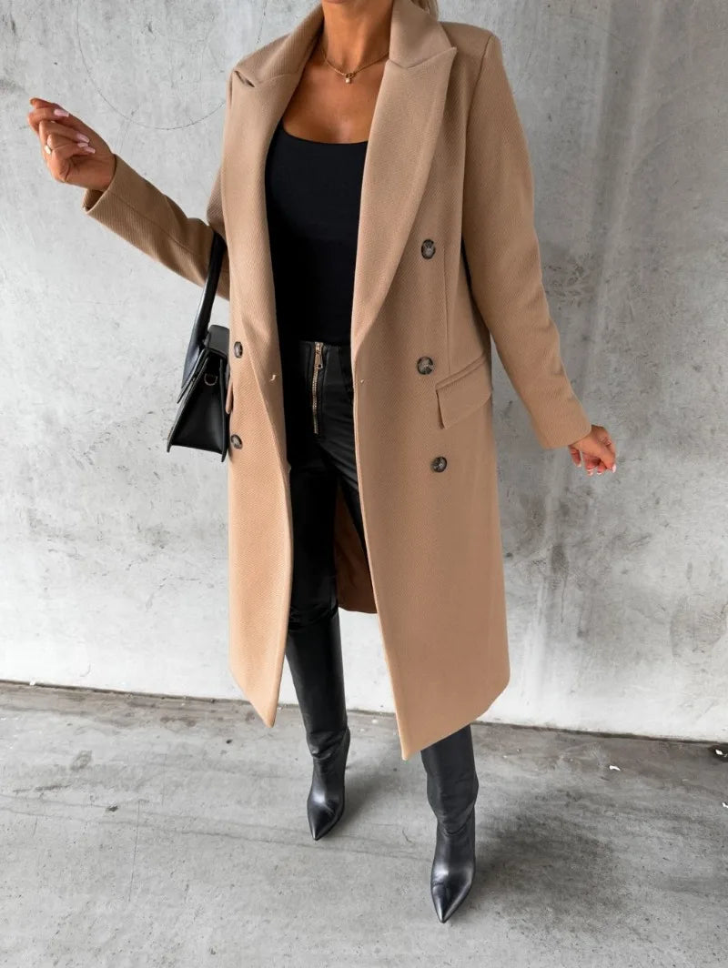 Women's Clothing Simple Long-sleeved Double-breasted Woolen Coat for Women