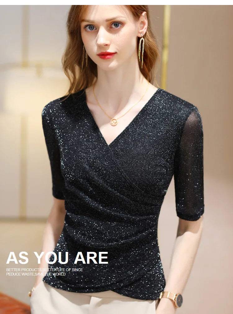 Women's Clothing Blouses Elegant Summer T Shirt Elastic Glitter Blouses or Tops