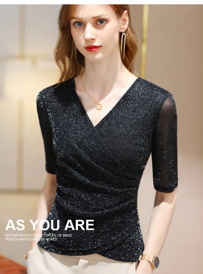Women's Clothing Blouses Elegant Summer T Shirt Elastic Glitter Blouses or Tops