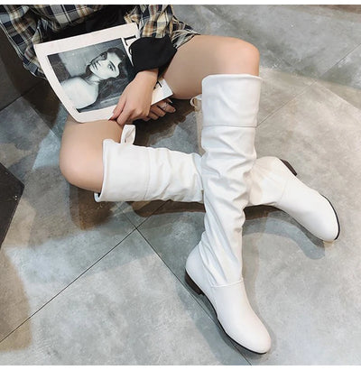 Knee High Boots Red Black White Tall Boots Woman Pleated Low Heel Casual Leather