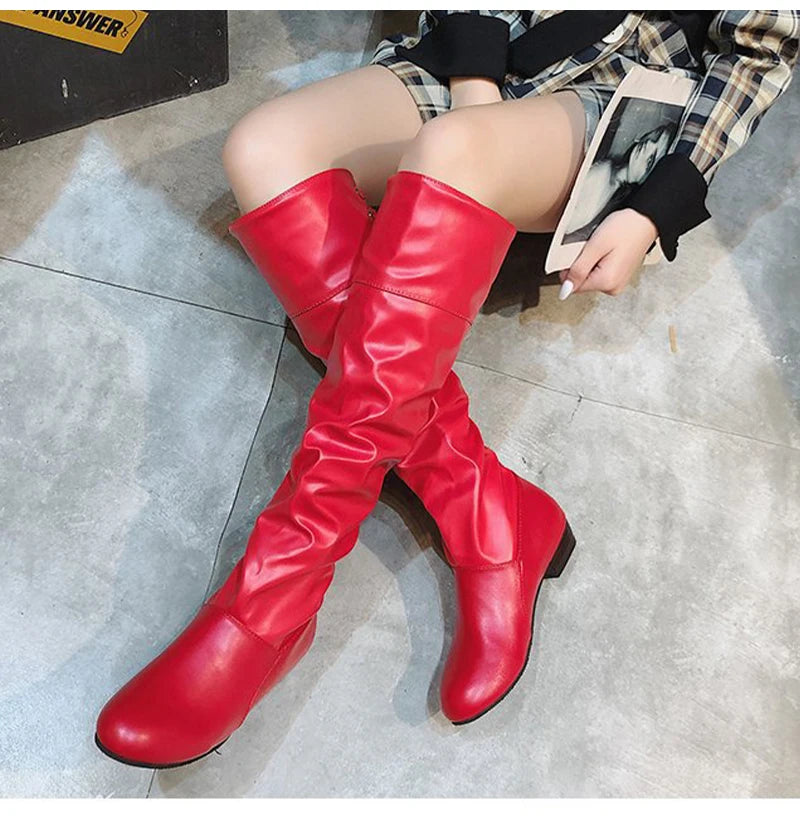 Knee High Boots Red Black White Tall Boots Woman Pleated Low Heel Casual Leather