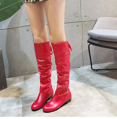 Knee High Boots Red Black White Tall Boots Woman Pleated Low Heel Casual Leather