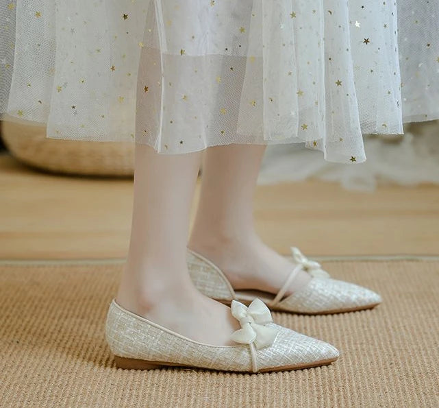 Shoes for Women with Bow Pointed Toe Evening White Woman Flats Elegant