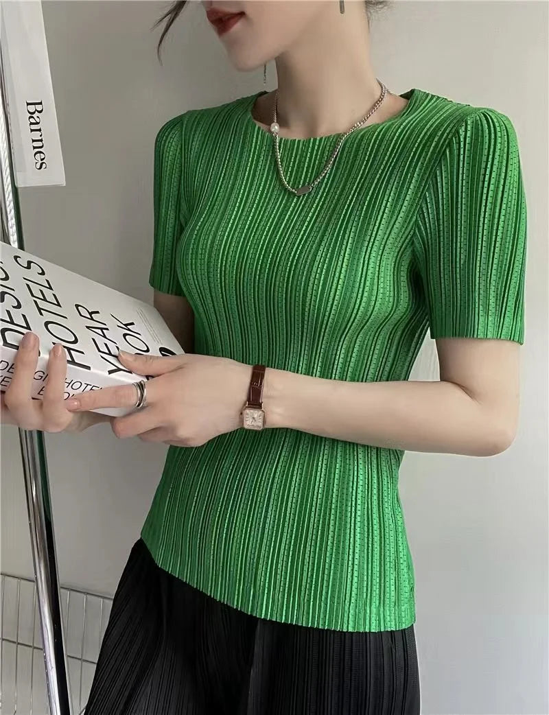 Woman Clothing  Top Women Miyake Pleated Short-sleeved T-shirt