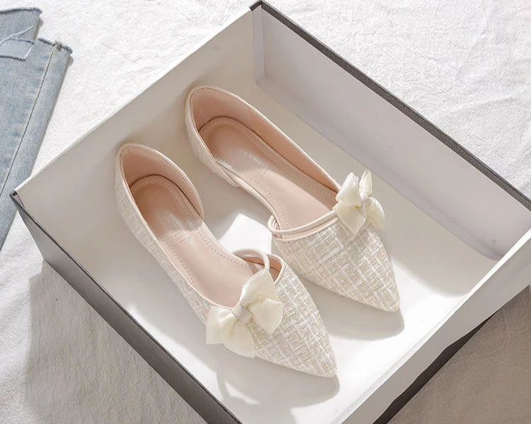 Shoes for Women with Bow Pointed Toe Evening White Woman Flats Elegant
