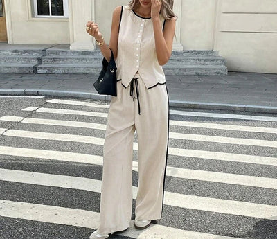 Women's Clothing New Fashion Color Blocked Round Neck Vest Top Wide Leg Pants