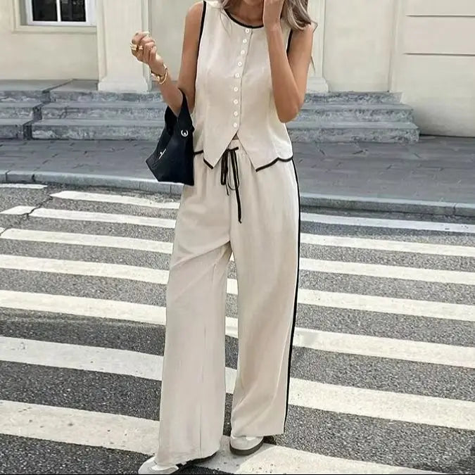 Women's Clothing New Fashion Color Blocked Round Neck Vest Top Wide Leg Pants
