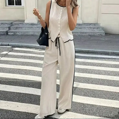 Women's Clothing New Fashion Color Blocked Round Neck Vest Top Wide Leg Pants