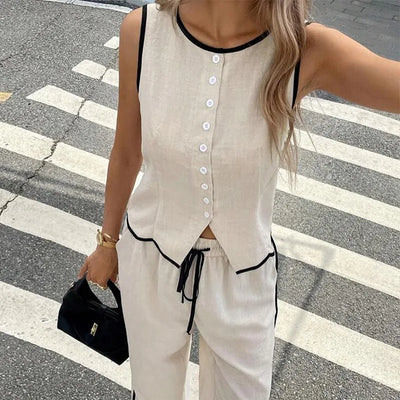 Women's Clothing New Fashion Color Blocked Round Neck Vest Top Wide Leg Pants
