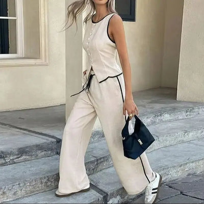 Women's Clothing New Fashion Color Blocked Round Neck Vest Top Wide Leg Pants