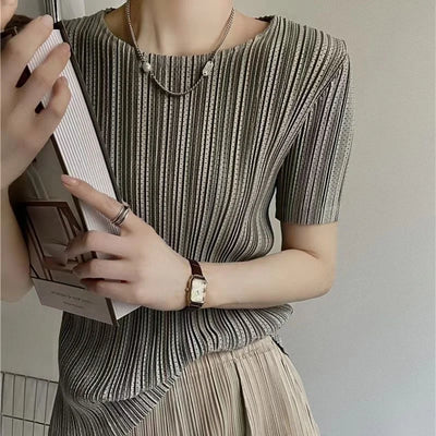 Woman Clothing  Top Women Miyake Pleated Short-sleeved T-shirt