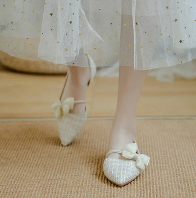 Shoes for Women with Bow Pointed Toe Evening White Woman Flats Elegant