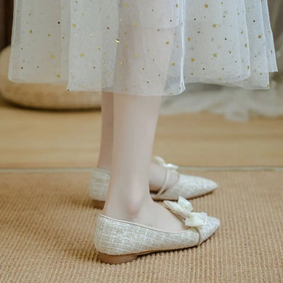 Shoes for Women with Bow Pointed Toe Evening White Woman Flats Elegant
