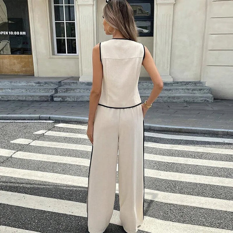 Women's Clothing New Fashion Color Blocked Round Neck Vest Top Wide Leg Pants