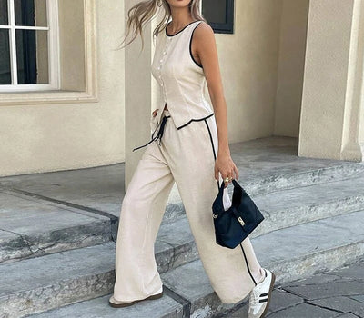 Women's Clothing New Fashion Color Blocked Round Neck Vest Top Wide Leg Pants