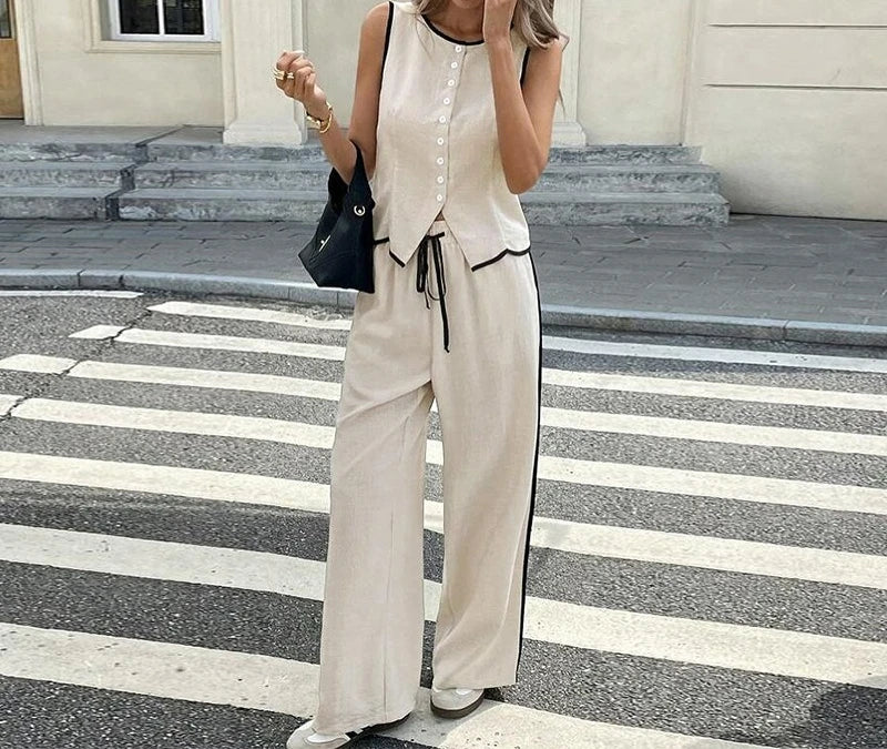 Women's Clothing New Fashion Color Blocked Round Neck Vest Top Wide Leg Pants