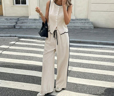 Women's Clothing New Fashion Color Blocked Round Neck Vest Top Wide Leg Pants