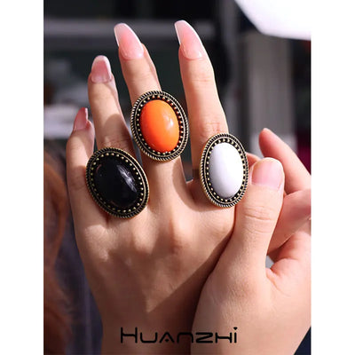 Oval Resin Metal Rings for Women Girl Autumn Winter Elegant Jewelry Gift