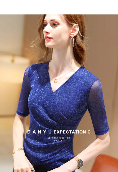 Women's Clothing Blouses Elegant Summer T Shirt Elastic Glitter Blouses or Tops