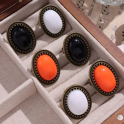 Oval Resin Metal Rings for Women Girl Autumn Winter Elegant Jewelry Gift