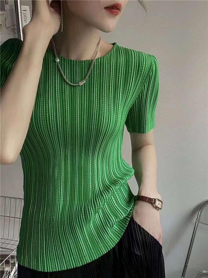 Woman Clothing  Top Women Miyake Pleated Short-sleeved T-shirt