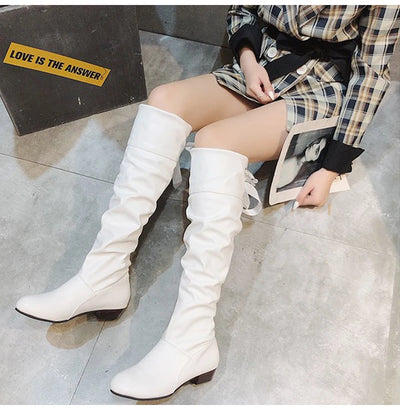 Knee High Boots Red Black White Tall Boots Woman Pleated Low Heel Casual Leather