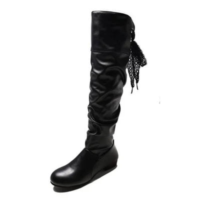 Knee High Boots Red Black White Tall Boots Woman Pleated Low Heel Casual Leather