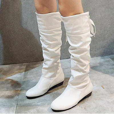 Knee High Boots Red Black White Tall Boots Woman Pleated Low Heel Casual Leather