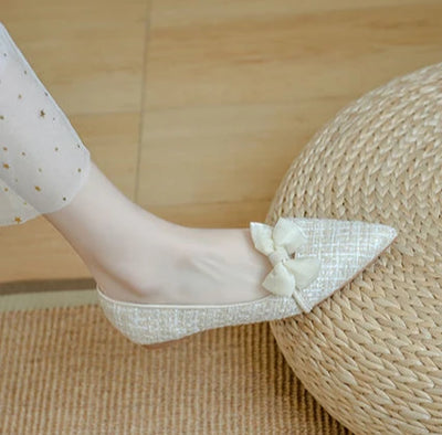 Shoes for Women with Bow Pointed Toe Evening White Woman Flats Elegant