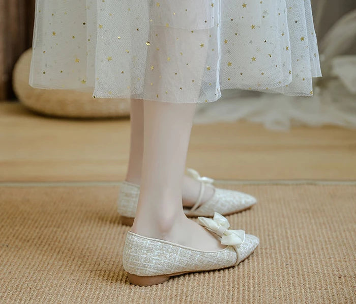 Shoes for Women with Bow Pointed Toe Evening White Woman Flats Elegant