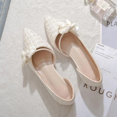 Shoes for Women with Bow Pointed Toe Evening White Woman Flats Elegant