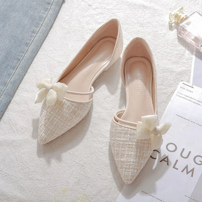 Shoes for Women with Bow Pointed Toe Evening White Woman Flats Elegant