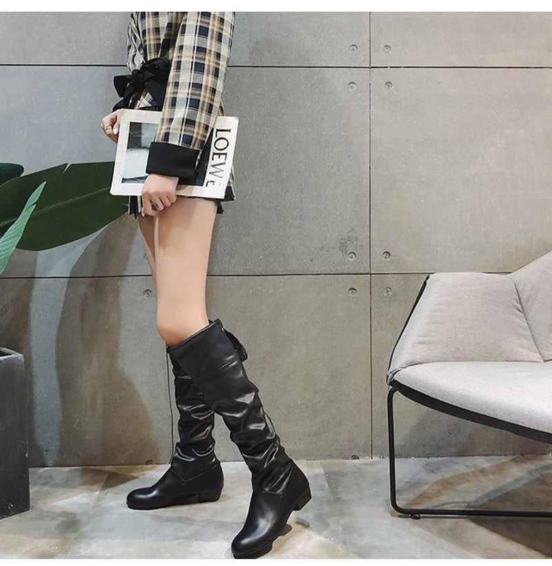 Knee High Boots Red Black White Tall Boots Woman Pleated Low Heel Casual Leather