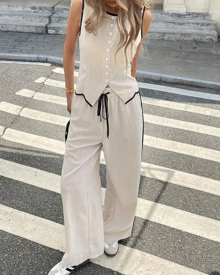 Women's Clothing New Fashion Color Blocked Round Neck Vest Top Wide Leg Pants
