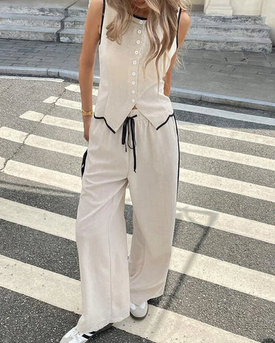 Women's Clothing New Fashion Color Blocked Round Neck Vest Top Wide Leg Pants