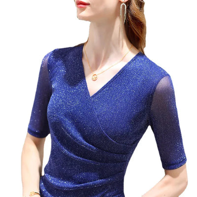 Women's Clothing Blouses Elegant Summer T Shirt Elastic Glitter Blouses or Tops