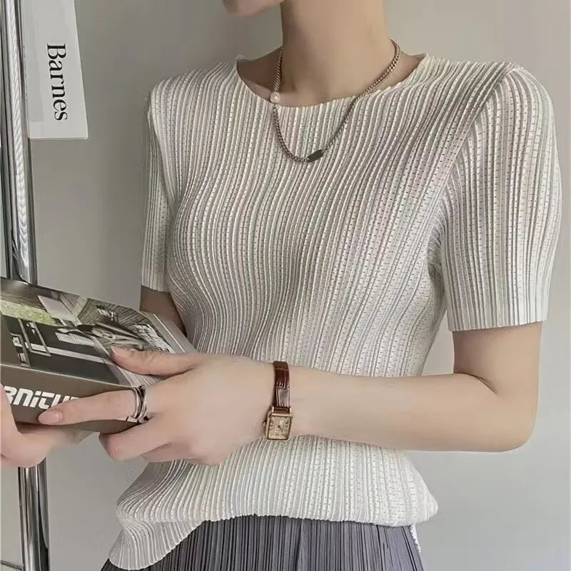 Woman Clothing  Top Women Miyake Pleated Short-sleeved T-shirt