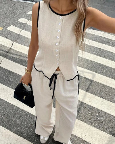Women's Clothing New Fashion Color Blocked Round Neck Vest Top Wide Leg Pants