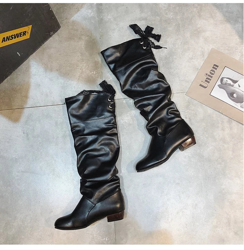 Knee High Boots Red Black White Tall Boots Woman Pleated Low Heel Casual Leather