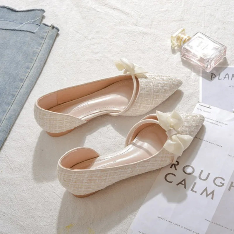 Shoes for Women with Bow Pointed Toe Evening White Woman Flats Elegant