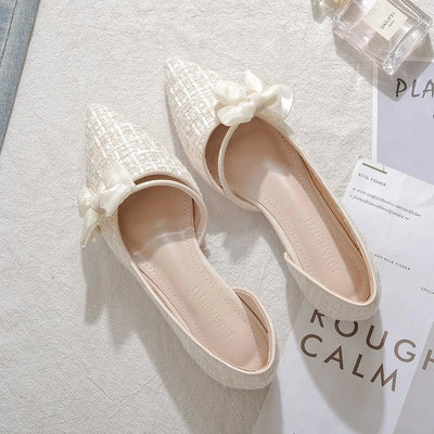 Shoes for Women with Bow Pointed Toe Evening White Woman Flats Elegant