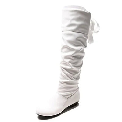 Knee High Boots Red Black White Tall Boots Woman Pleated Low Heel Casual Leather