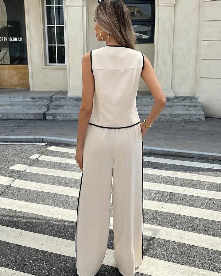 Women's Clothing New Fashion Color Blocked Round Neck Vest Top Wide Leg Pants