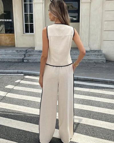 Women's Clothing New Fashion Color Blocked Round Neck Vest Top Wide Leg Pants