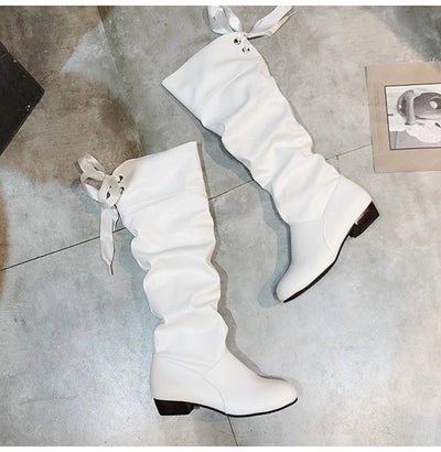 Knee High Boots Red Black White Tall Boots Woman Pleated Low Heel Casual Leather