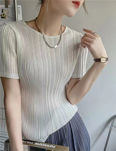 Woman Clothing  Top Women Miyake Pleated Short-sleeved T-shirt