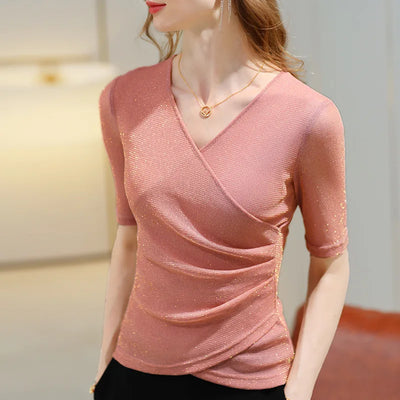 Women's Clothing Blouses Elegant Summer T Shirt Elastic Glitter Blouses or Tops