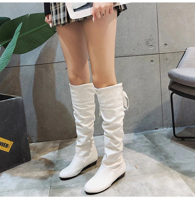 Knee High Boots Red Black White Tall Boots Woman Pleated Low Heel Casual Leather